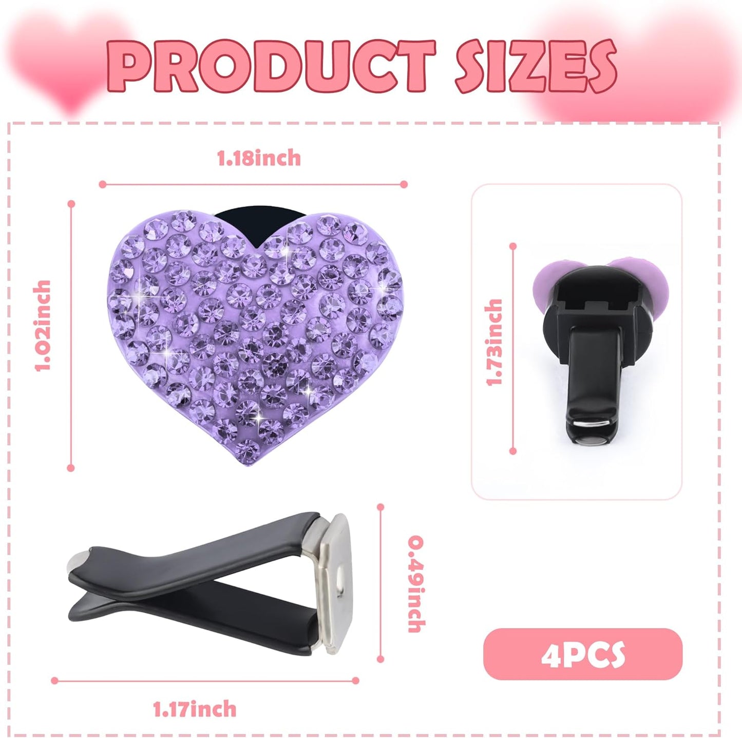 4PCS Heart-Shaped Car Vent Clips with Rhinestone,Bling Air Vent Clips Car Decorations,Premium Shiny Car Clips for Vents CCar Accessories Interior for Cars,Trucks,SUVs (Pink)