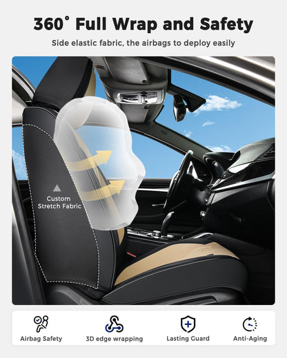 Huidasource Coffee Seat Covers Full Set, Universal Fit for Most Cars Trucks SUV, Full Coverage Leather Seat Cover, Airbag, Cupholder Compatible, Velcro Adjustable, Heaating/Cooling Function Retain