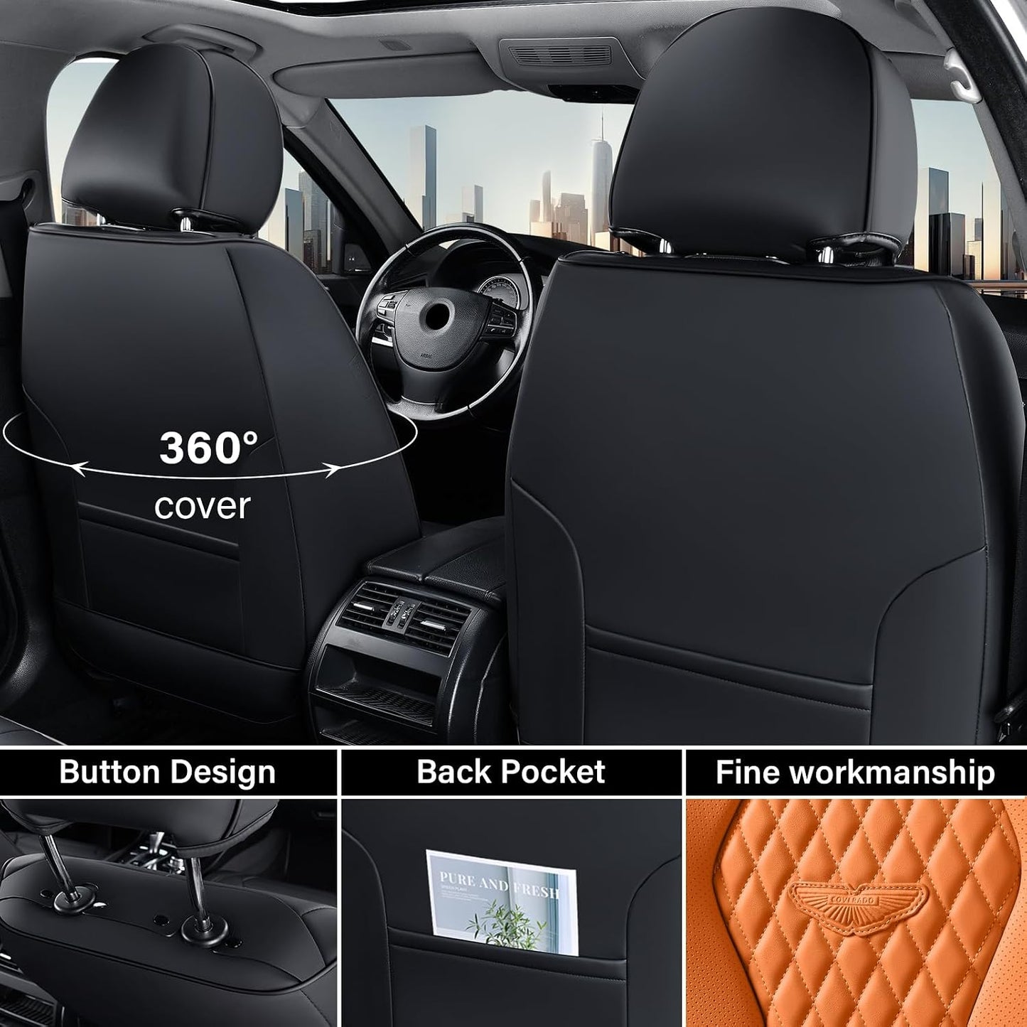 Coverado Seat Covers, Car Seat Covers Full Set, Black Car Seat Cover, Car Seat Covers Front Seats Back Seat Cover, Waterproof Car Seat Cushion, Leather Seat Covers Seat Protector Fit for Most Cars