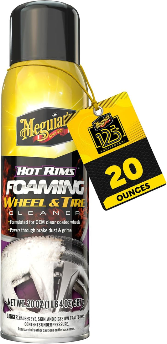 Meguiar's Hot Rims Foaming Wheel & Tire Cleaner - Combines a Wheel and Tire Cleaner in One Product that Quickly Powers through Brake Dust and Grime on OEM Clear Coated Wheels, 20 Oz Foam