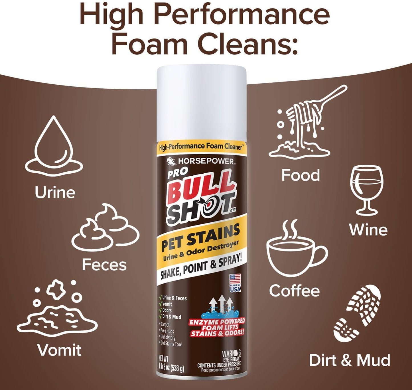 Bull Shot Pet Pro Stain Remover, AS SEEN ON TV, Urine & Odor Emulsifier, Enzyme-Powered Professional Strength Foam for Urine, Feces, Vomit, Odors, Dirt On Carpet, Area Rugs, Upholstery, Old Stains