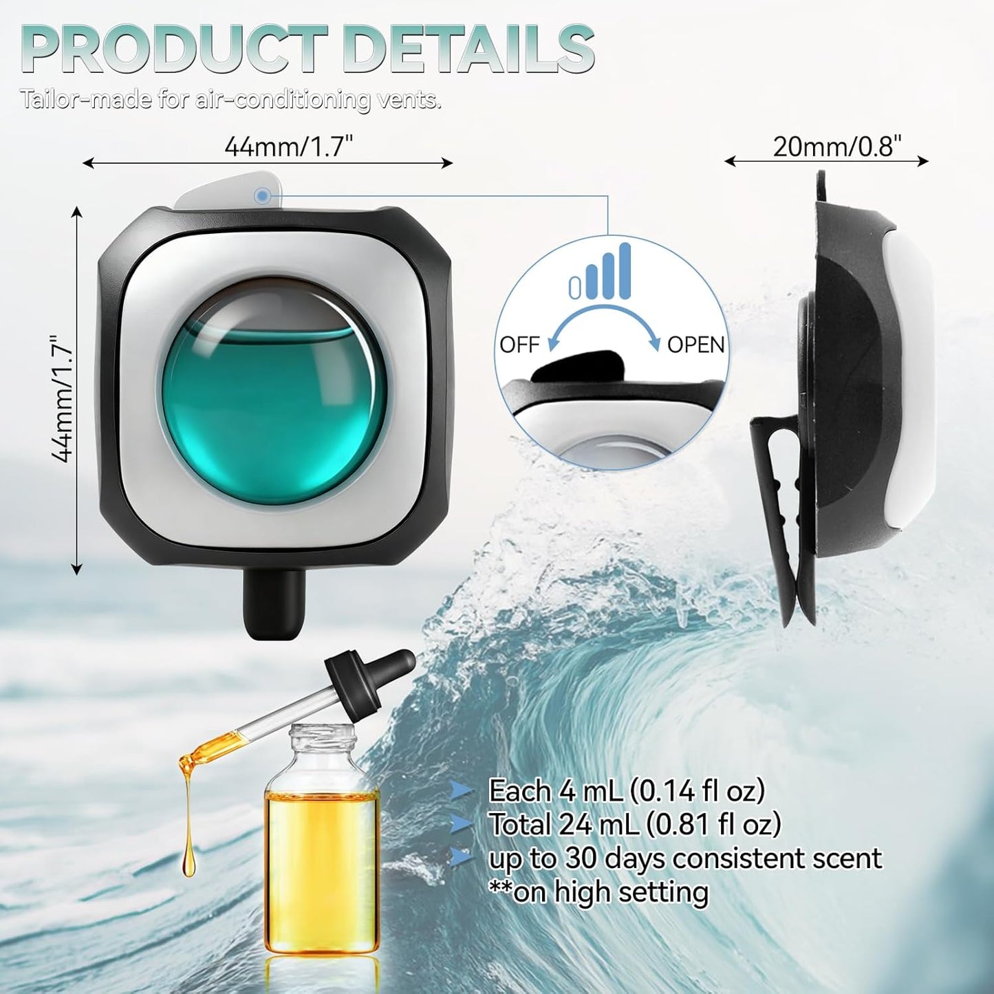 Car Air Freshener Vent Clip 6 Pack 4ml Each Up to 180 Days Long Lasting Scent Odor Eliminator for Women Men(Ocean Breeze)