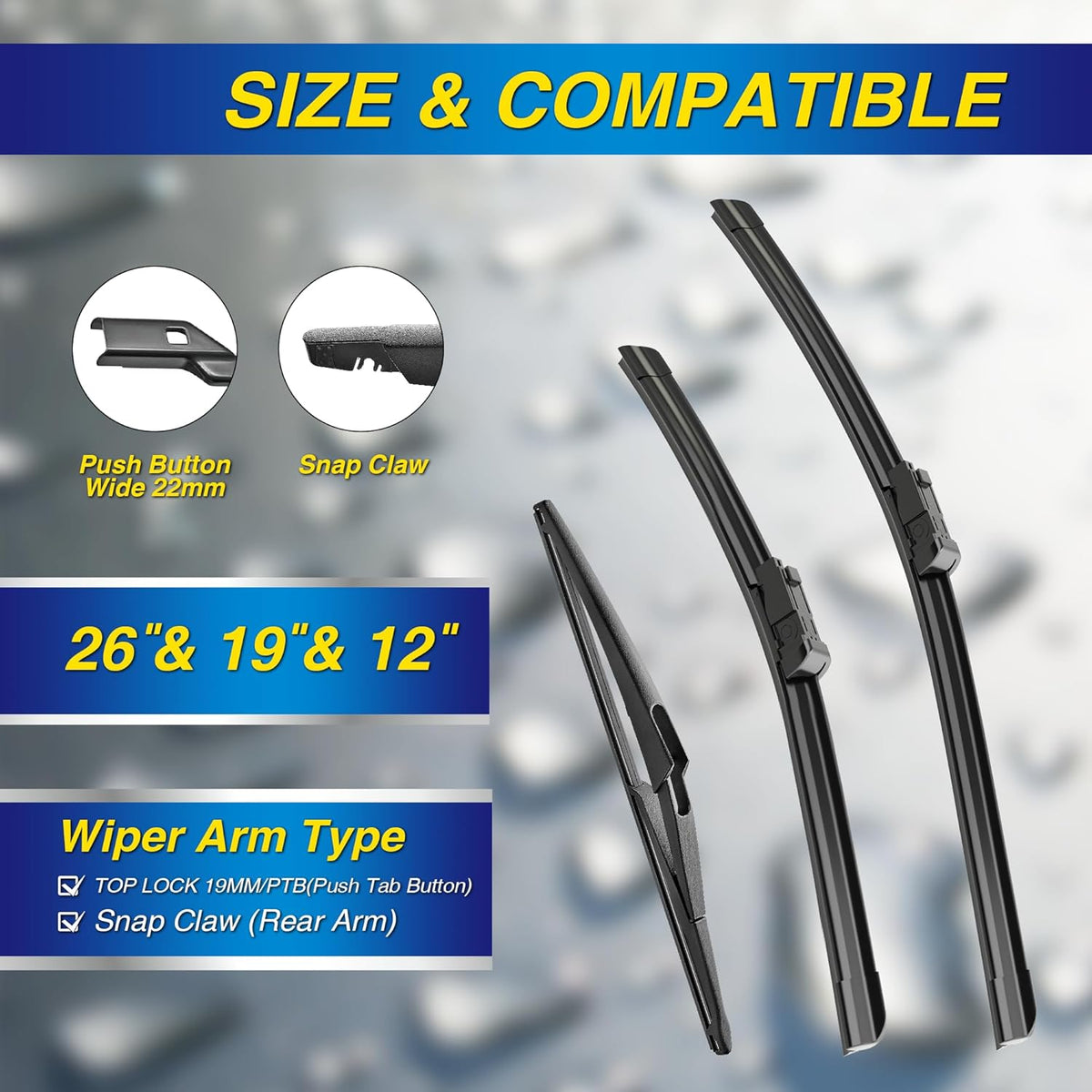 5 PLUS® Silicone Windshield Wipers Replacement for 2019-2024 Toyota RAV4/ 2006-2015 Mazda 5 Wiper Blades(Set of 3), Windshield Wiper Blades For My Car-26"/16"/12" - Colors A