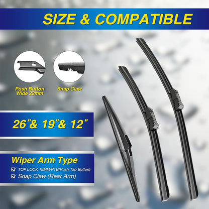 5 PLUS® Silicone Windshield Wipers Replacement for 2019-2024 Toyota RAV4/ 2006-2015 Mazda 5 Wiper Blades(Set of 3), Windshield Wiper Blades For My Car-26"/16"/12" - Colors A