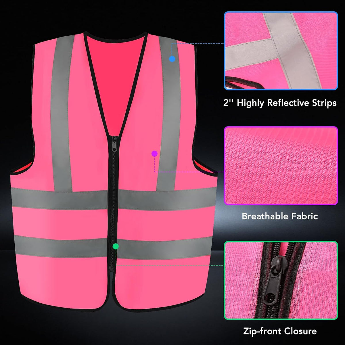 BURVAGY 3-Pack Reflective Safety Vest For Women Men - High-Visibility Safety Vest with 2in Reflective Strips for Emergency, Construction, and Safety Use (Green XX-Large)