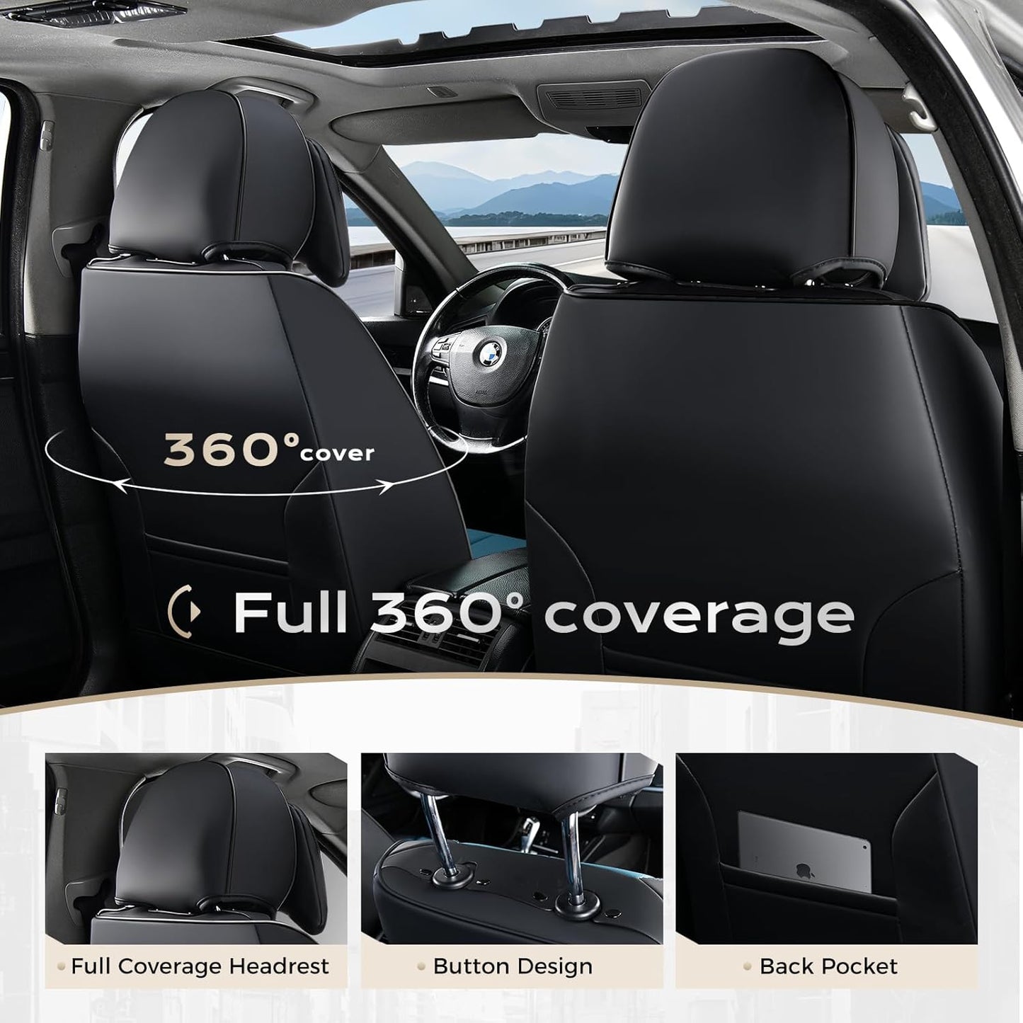Coverado Seat Covers Full Set, Black Seat Covers for Cars 5 Seats, Car Seat Protector, Waterproof Nappa Leather Car Seat Cushion, Front and Rear Car Seat Cover Fit for Most Sedans SUV Pick-up Truck - Colors B