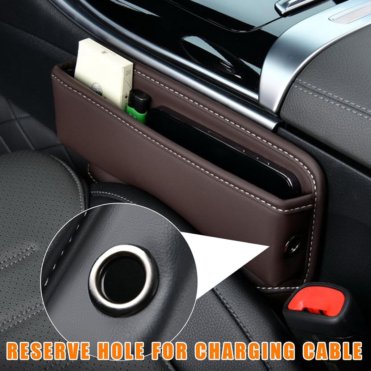 Ziciner Car Seat Gap Organizer, Premium Leather Auto Seat Storage Box, Vehicle Adjustable Front Seat Gap Filler, Car Seat Side Pocket Organizer for Phones, Glasses, Keys, Money, Cards (Black)