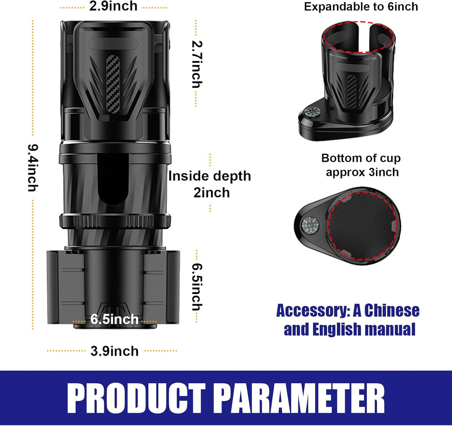 Dual Car Cup Holder Expander, 2 in 1 Multifunctional Auto Drink Adapter with Adjustable Base, 360 Degrees Rotating Cupholder Extender with Compass, Universal Car Accessories