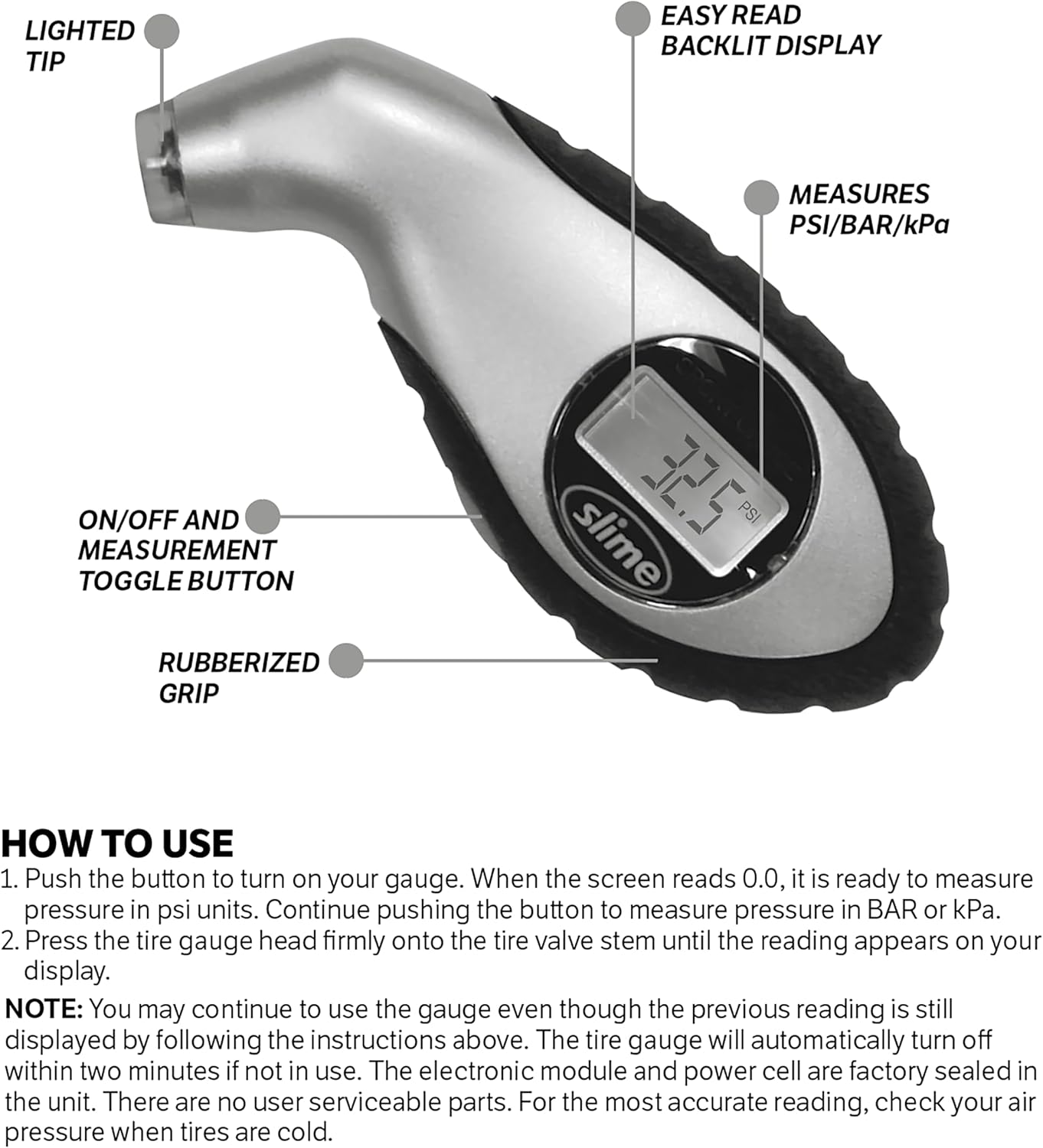 Slime 20049 Tire Pressure Gauge, Large Face Dial Analogue Gauge, 5-60 PSI