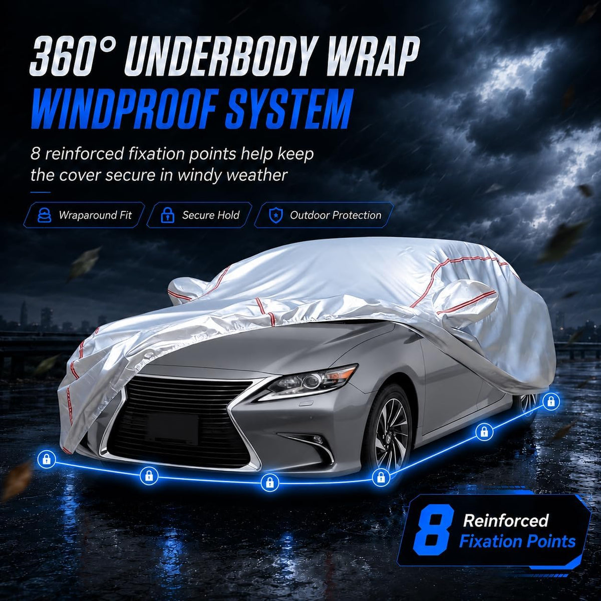 Car Cover for Sedan, Waterproof All Weather Heavy Duty, 360° Underbody Wrap Windproof Design, Quick Install Outdoor Vehicle Cover, Fits 186-193 in
