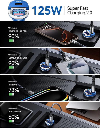 【Upgraded】 125W Car Charger USB C Super Fast Charging, [PD65W & QC60W][All Metal] MRGLAS Cigarette Lighter Car Charger, Car Electrical Accessories for iPhone 17 Pro Max iPad Samsung S26 S25 Pixel 10
