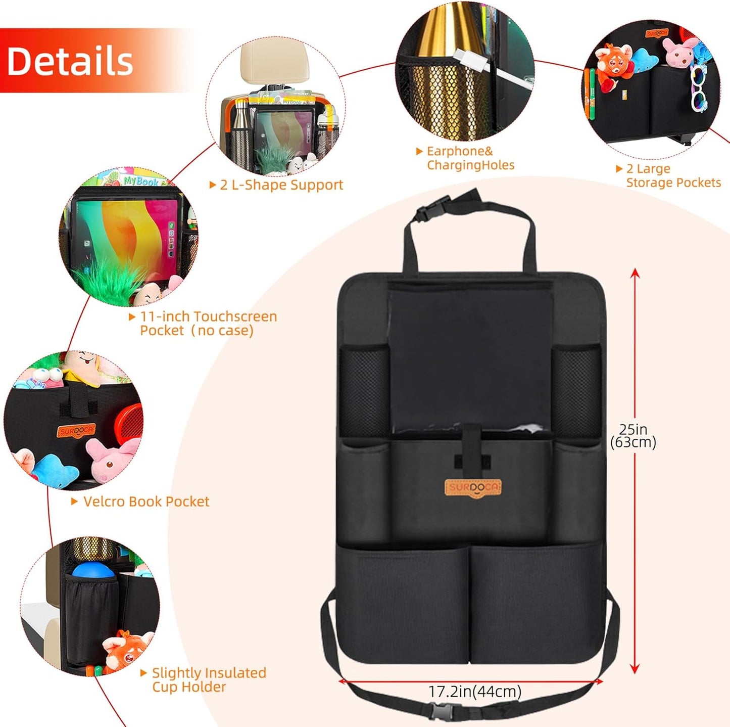 SURDOCA Upgraded Car Organizer with 11-inch Tablet Holder, 8 Pockets, Car Seat Protector for Road Trips - Car Storage and Organizers for Kids