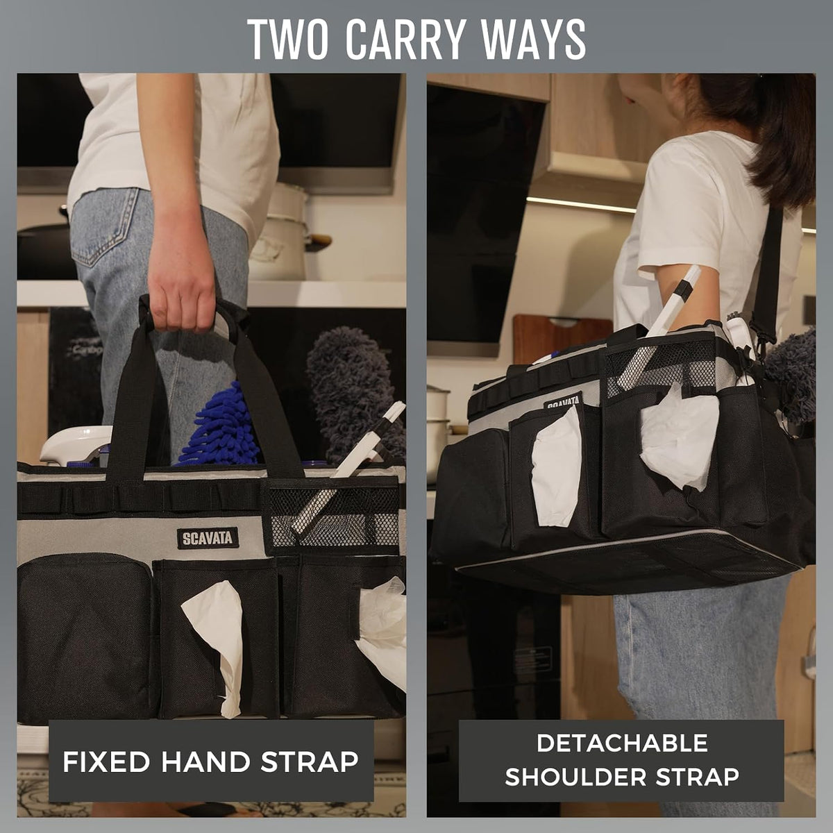 SCAVATA Wearable Cleaning Caddy Bag, Supplies Organizer with Handle & Shoulder Straps for Housekeepers, Under Sink & Car Cleaning Tool Organizer with 4 Foldable Dividers (Black)