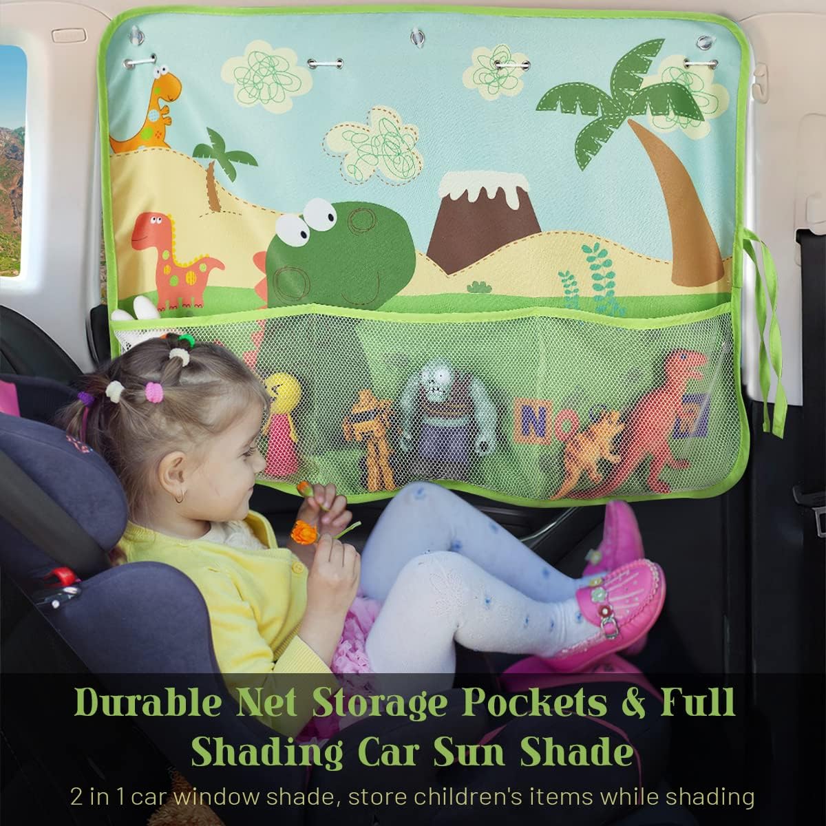 Car Sun Shade Side Window, 2 Pcs Blackout Car Window Shade for Baby Privacy with Storage Net Pockets Auto Curtains 7 Suction Cups for Heat/UV Protection Sun Block Covers