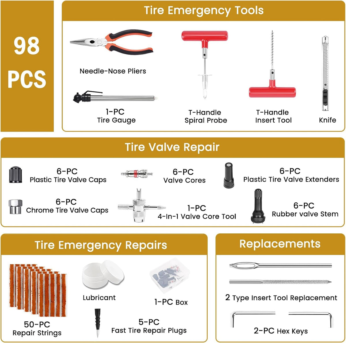 ORCISH Heavy Duty Tire Plug Kit - 70pcs All-in-One Universal Tire Repair Kit for Tubeless Flats, Emergency Tire Patch Kit for Car, Truck, SUV, ATV, Motorcycle, Trailer & RV