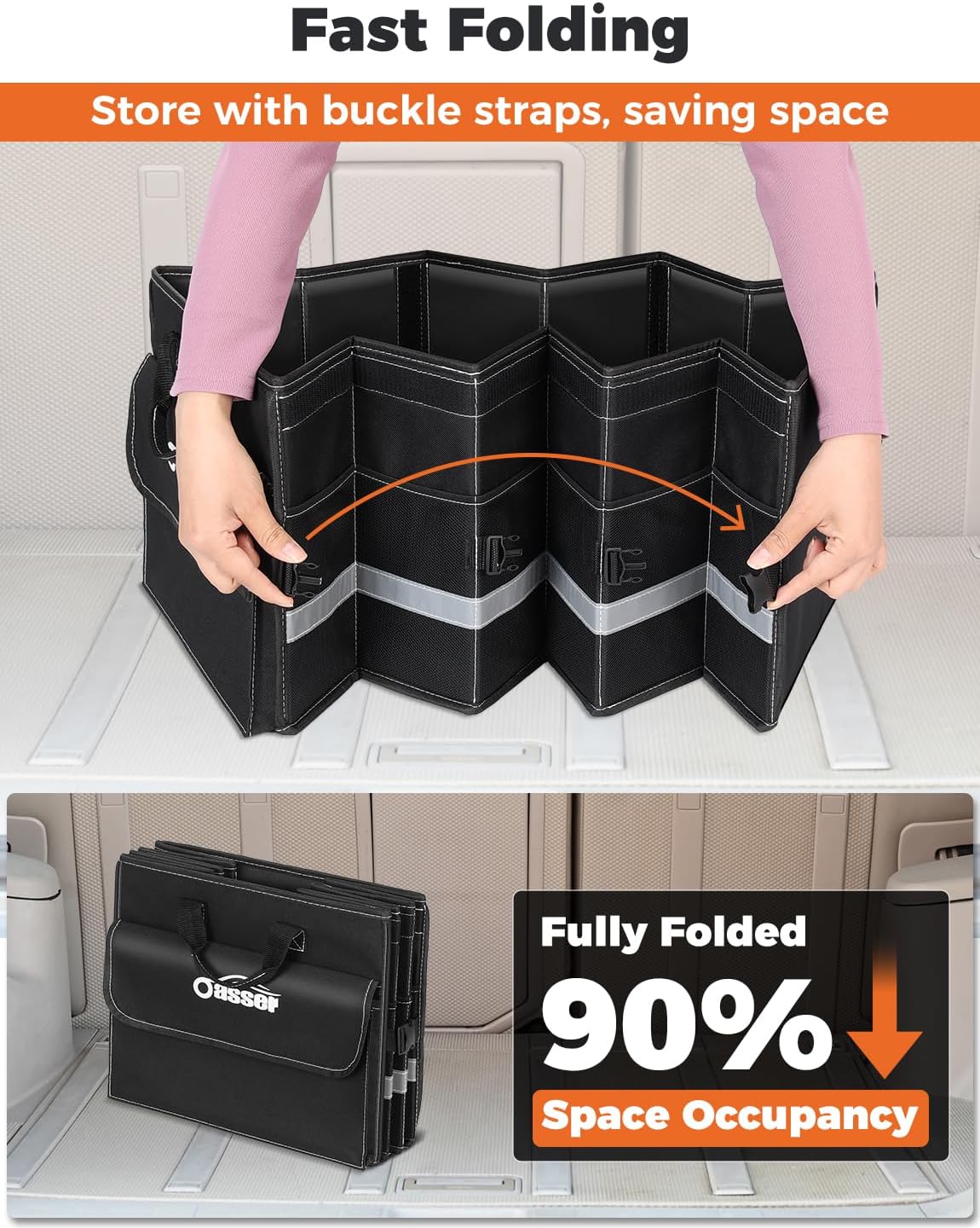 Oasser Car Trunk Organizer, 3 Compartments Collapsible Waterproof Car Organizer Storage with Foldable Cover, Reflective Strip, Non-Slip Bottom, 4 Mesh Pockets for SUV/Truck/Sedan/Camping/Road Trip