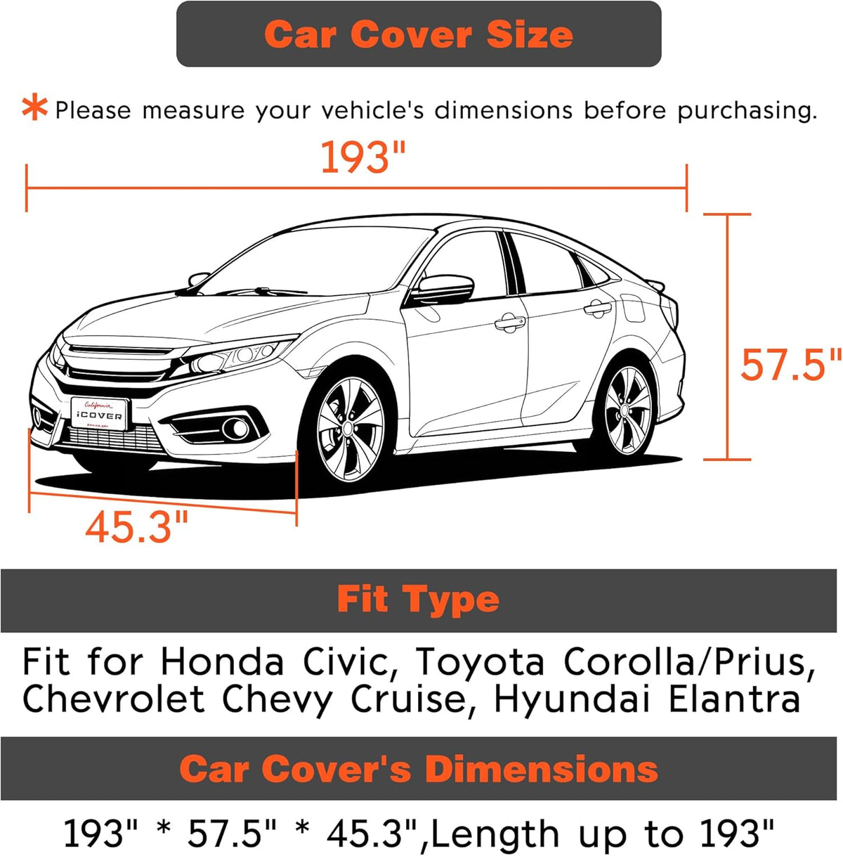 iCOVER Car Cover, Waterproof All Weather Car Covers for Honda Civic Toyota Corolla Chevy Cruze Kia Forte, Outdoor Full Exterior Cover with Detachable Tire Covers, Car Cover for Sedan, Fits up to 193"