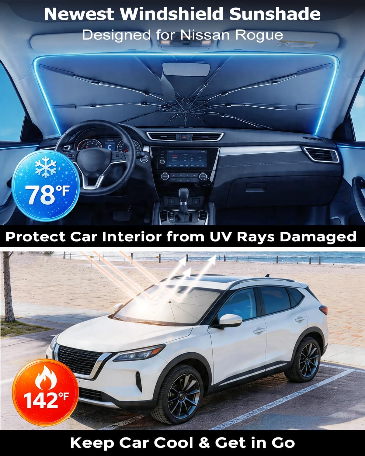 DMJN Umbrella Windshield Sun Shade - Medium, Car Sunshade for Front Windshield [Nano Ice-Crystal Coatings] UPF50+ Heat & UV Block, Protect Interior & Keep Cooler Universal for Car, SUV, Truck