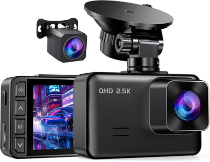 Dash Cam Front and Rear, 2.5K+1080P Dual Dash Camera for Cars, 2’’ Display Mini Car Camera, G-Sensor Dashcam, Night Vision, 24H Parking Mode, Loop Recording, 170°Wide Angle