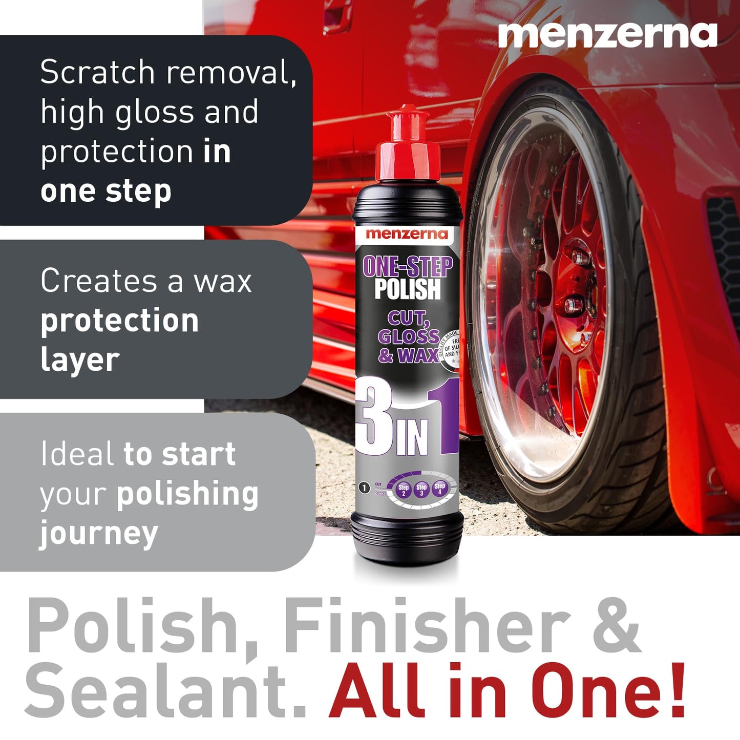 menzerna One-Step Polish 3in1 I Medium Cut Polish with High Gloss Finish & Seal in One I Buffing & Polishing Compound for Car Maintenance I Swirls, Holograms & Scratches I Car Body Repair I 8 fl oz.