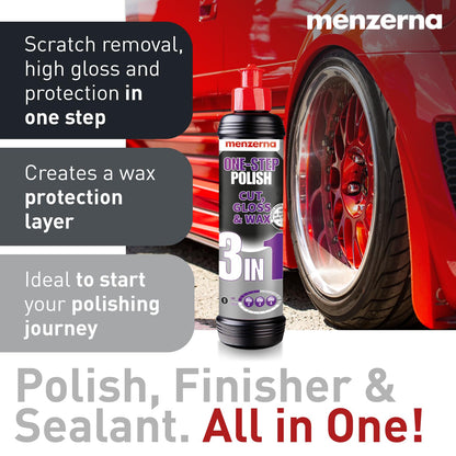 menzerna One-Step Polish 3in1 I Medium Cut Polish with High Gloss Finish & Seal in One I Buffing & Polishing Compound for Car Maintenance I Swirls, Holograms & Scratches I Car Body Repair I 8 fl oz.