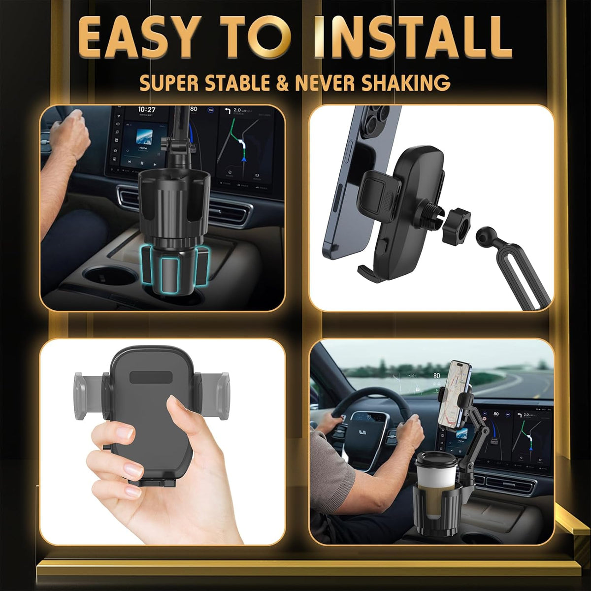 bokilino Phone Holders for Your Car, 2 in 1 Universal Cup Holder Expander Adjustable Base with Phone Mount, Long Arm with 360°Rotation Cup Holder Phones Mount for Car Compatible with All Smartphones