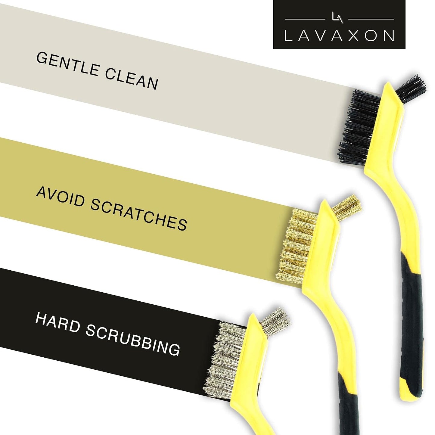 Lavaxon Wire Brush Set 3Pcs - Nylon/Brass/Stainless Steel Bristles with Curved Handle Grip for Rust, Dirt & Paint Scrubbing with Deep Cleaning – 7 Inches (Red)