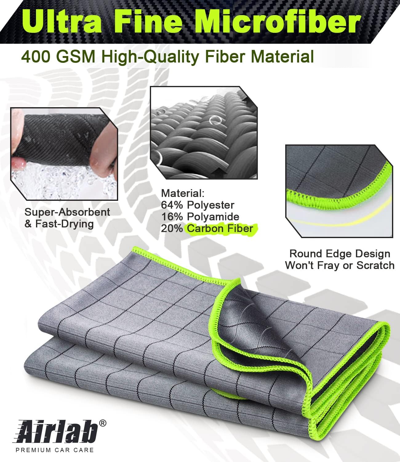 Airlab Microfiber Towels for Cars Wash Drying Thick Plush Cleaning Cloth Auto Detailing Super Absorbent for Interior & Exterior Lint Free, Streak Free, 16" X 16", 800 GSM, Pack of 4