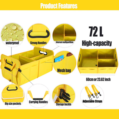 Car Suv Trunk Organizer,Sturdy Storage Organizer for Car Accessories,Tools,Sundries.Upgraded 4 Carrying Handles,72L,Foldable,Waterproof,Multi Compartment,2 Straps for Fixation (Yellow B)