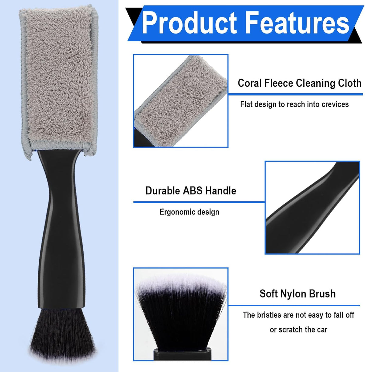 Double Head Brush for Car Clean, 2 in 1 Car Detailing Brush, Car Accessories Double Ended Portable Dust Brush with 2 Cleaning Cloth, Universal Dust Removal Brush for Air Conditioner Outlets