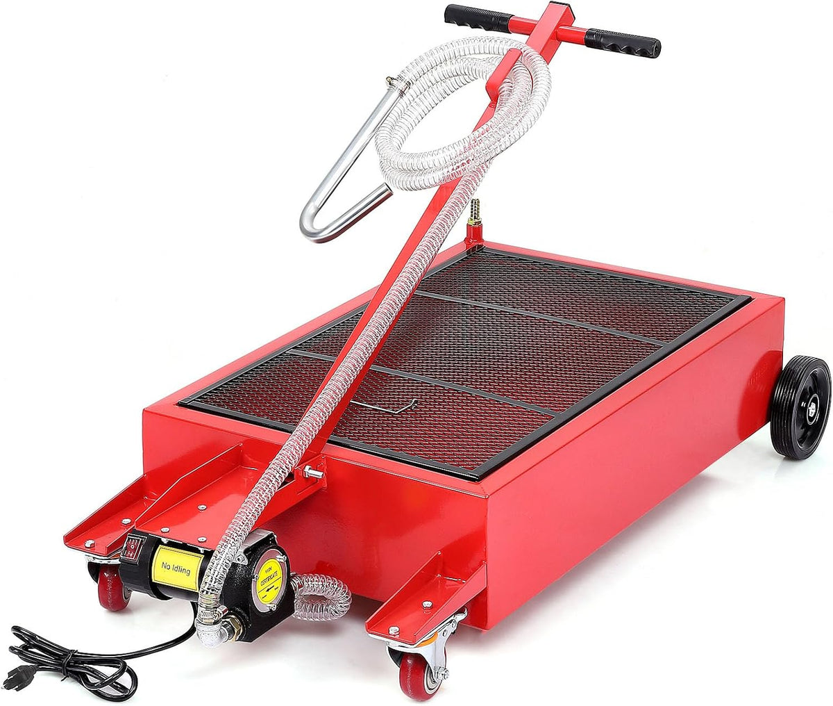 KYBOLT 15 Gallon Oil Drain Pan with Pump & 8 Ft Hose, T Folding Handle & Low Profile Rolling Oil Drain Cart for Truck Cars SUVs, Metal, White