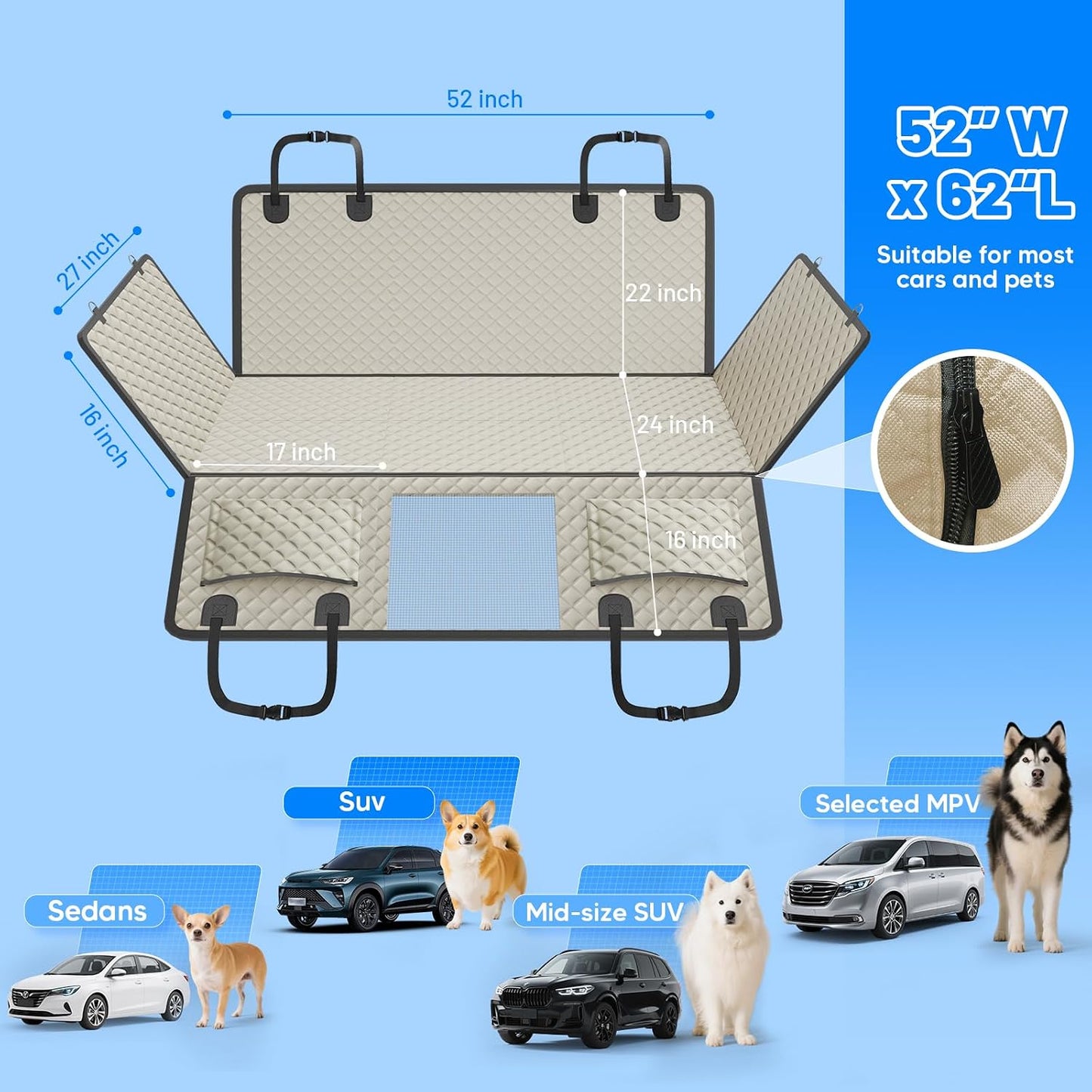 Dog Car Seat Cover for Back Seat with Hard Bottom,Waterproof Back Seat Extender for Dogs,Dog Hammock Dogs Bed for Cars, SUVs,Pet Seat Cover for Back Seat Holds 400lbs with Mesh Window & Pocket