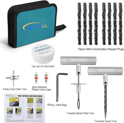 BETOOLL Tire Repair Kit, 24 Pcs Professional Heavy Duty Universal Emergency Flat Tire Repair Kit to Fix Punctures, for car Motorcycle, Truck, Golf Cart, ATV, Tractor, ARB, RV, SUV, Trailer etc.