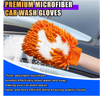 JOYCOURT 2PCS Microfiber Soft Chenille Car Wash Mitts, Scratch and Lint Free Car Dusting Glove, Double Sided Wash Mitt, Ultra Absorbent for Car Washing, Home Cleaning Mitt (Blue&Yellow)