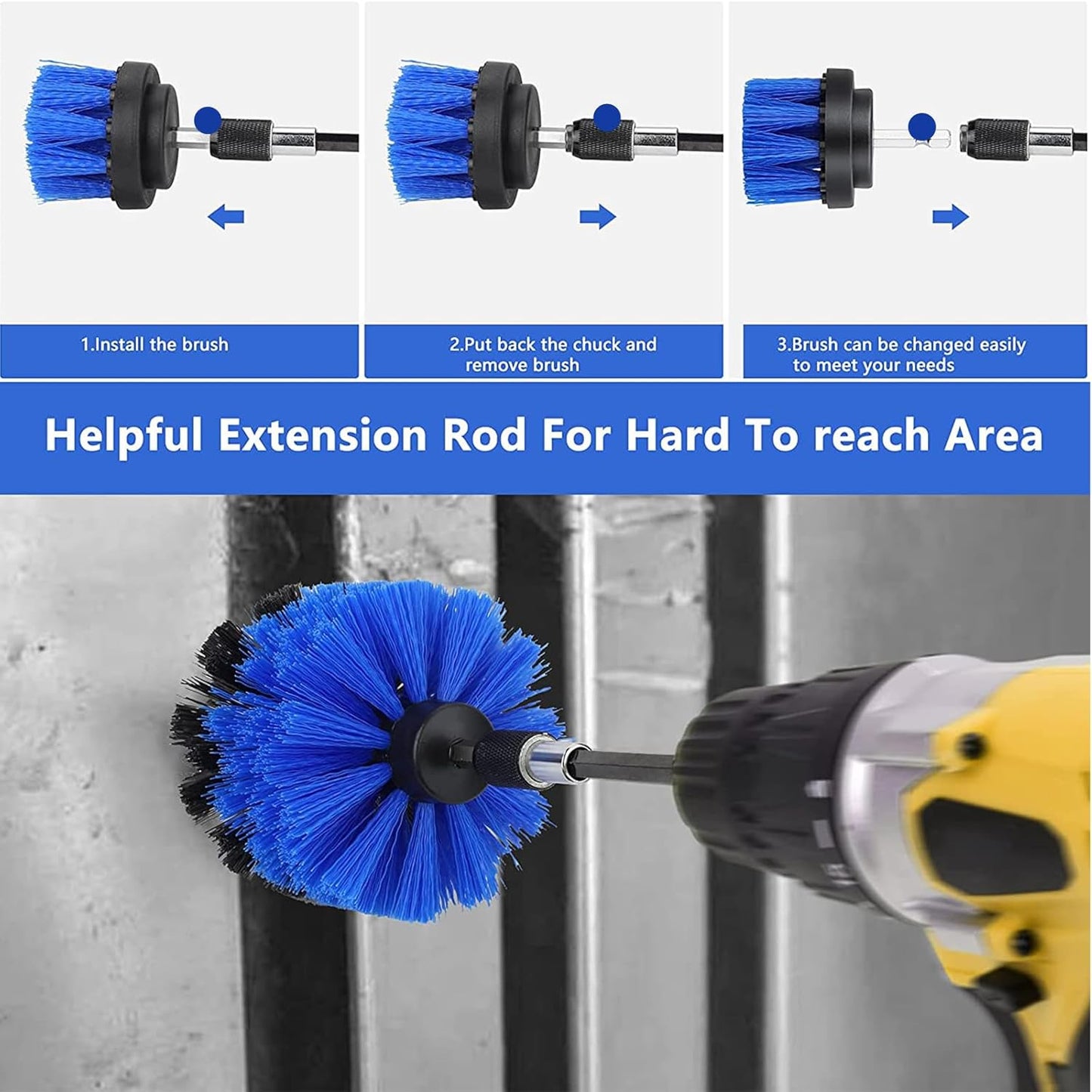 8 Pcs Drill Brush Attachment Set, Power Cleaning Scrub Brush Kit with Extend Long Attachment, All Purpose Drill Scrub Brushes for Car, Grout, Floor, Tub, Bathroom and Kitchen (Yellow)