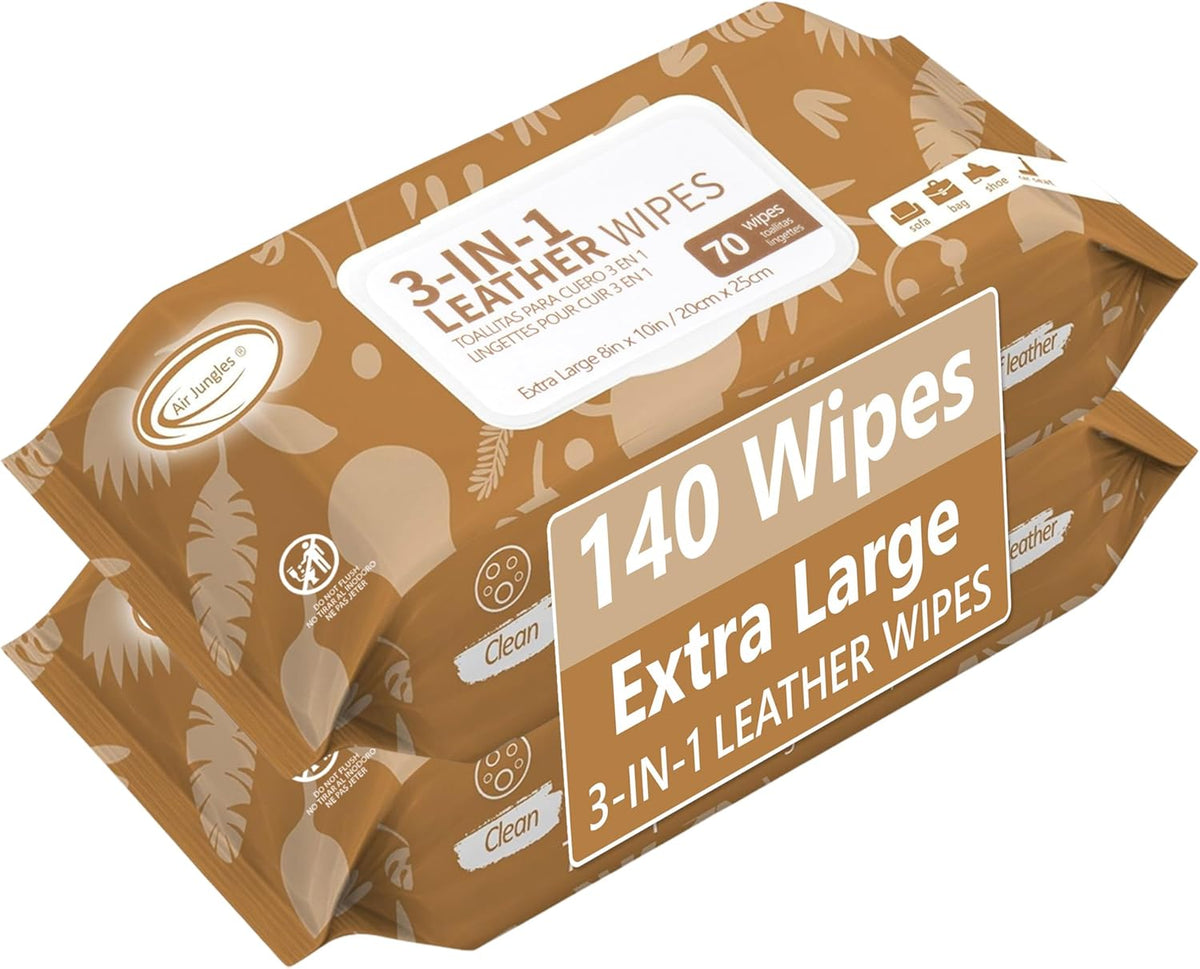 Air Jungles 3in1 Leather Cleaner Wipes 70 Count, Extra Large 8" x 10" Size, Clean Condition Protect Wipes for Vinyl and Leather Apparel Furniture Auto Car Interior Shoes Boots Bags