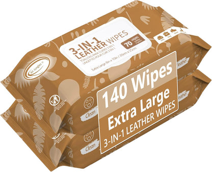 Air Jungles 3in1 Leather Cleaner Wipes 70 Count, Extra Large 8" x 10" Size, Clean Condition Protect Wipes for Vinyl and Leather Apparel Furniture Auto Car Interior Shoes Boots Bags