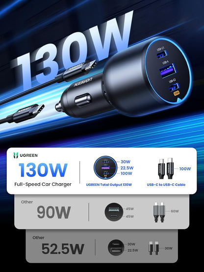 UGREEN 130W USB C Car Charger, PD 100W +PD 30W Type C Car Charger Adapter Compatible with iPhone 17/17 Air/17 Pro/17 Pro Max/16/15/14/13/12 Series, Galaxy S24 S23 Ultra, iPad, MacBook, and More