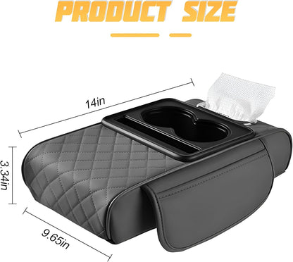 Zpana Car Center Console Armrest Pillow, Memory Foam Leather 4 in 1 Vehicle Arm Rest Cover with Tissue Box 2 Side Storage Bag Cup & Phone Holder, Auto Armrest Cushion, Universal Fit (Black)