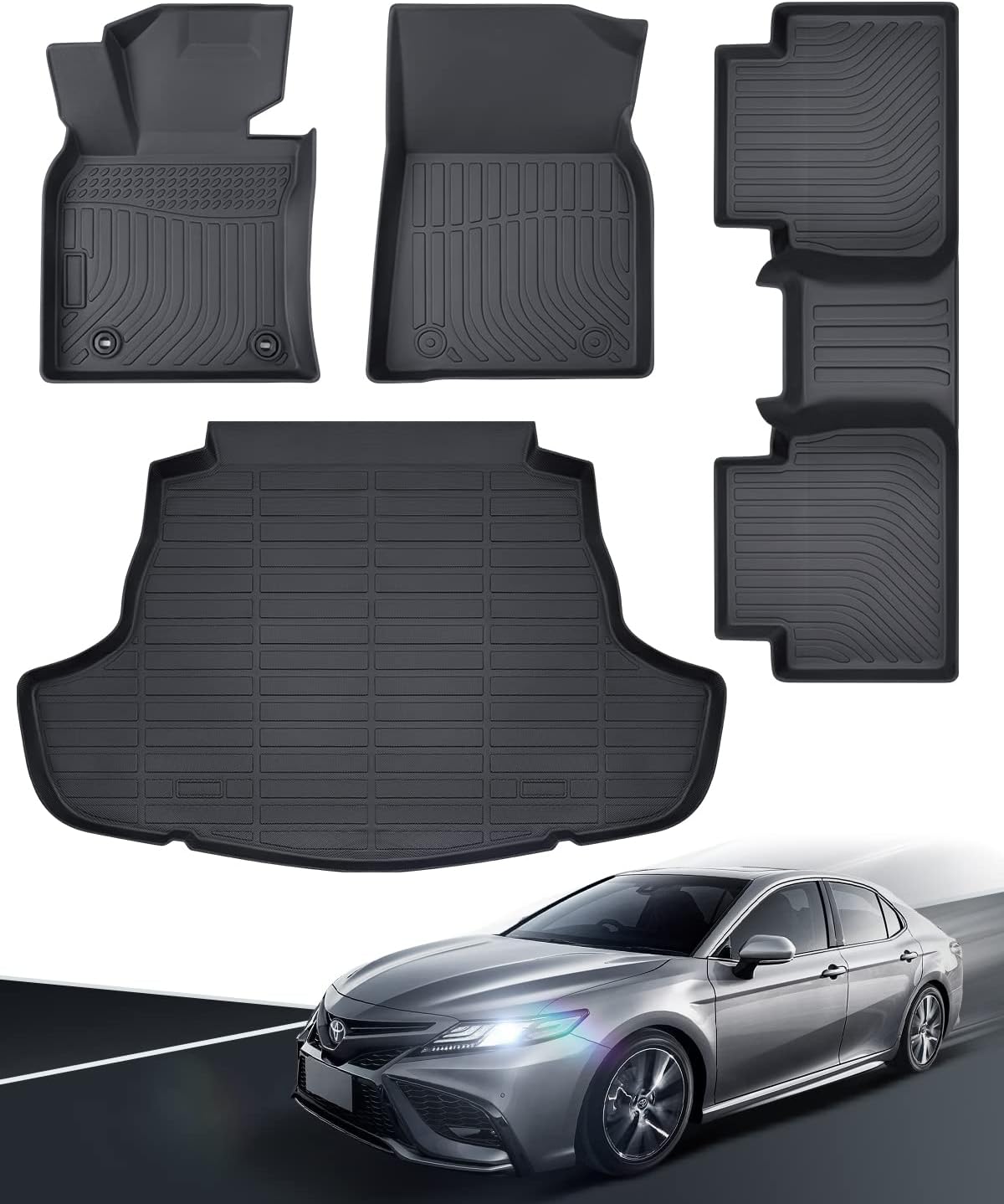 Floor Mats for Toyota Camry 2018-2024 FWD 8th Gen, All Weather TPE Waterproof Anti-Slip Front Rear Full Set & Trunk Cargo Liner, Black Car Accessories Custom Fit for LE/SE/XLE/XSE (Not for Hybrid/AWD)
