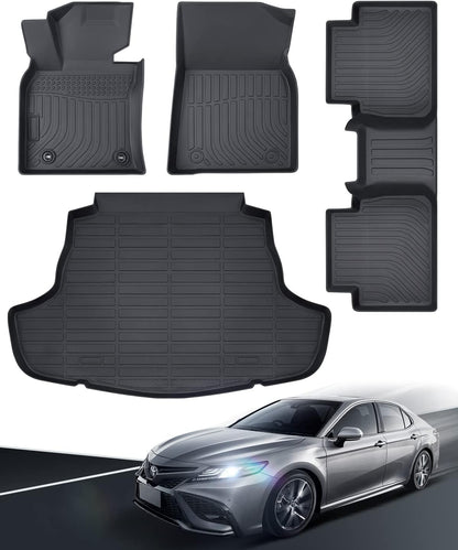 Floor Mats for Toyota Camry 2018-2024 FWD 8th Gen, All Weather TPE Waterproof Anti-Slip Front Rear Full Set & Trunk Cargo Liner, Black Car Accessories Custom Fit for LE/SE/XLE/XSE (Not for Hybrid/AWD)