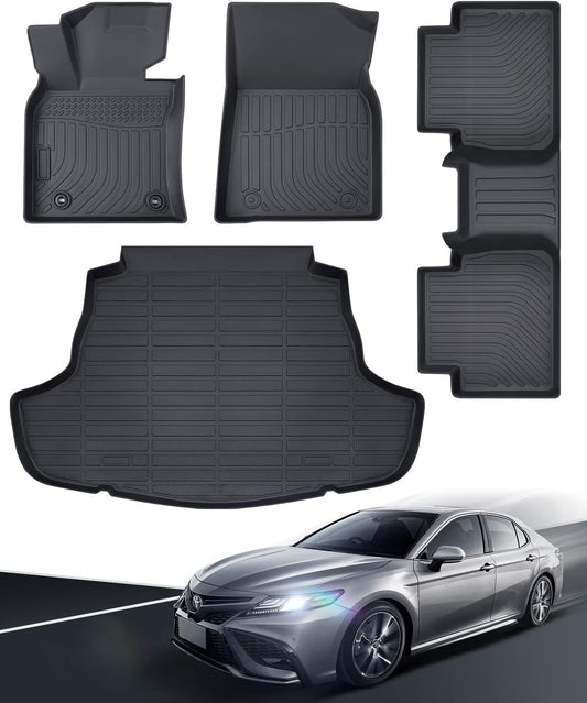 Floor Mats for Toyota Camry 2018-2024 FWD 8th Gen, All Weather TPE Waterproof Anti-Slip Front Rear Full Set & Trunk Cargo Liner, Black Car Accessories Custom Fit for LE/SE/XLE/XSE (Not for Hybrid/AWD)