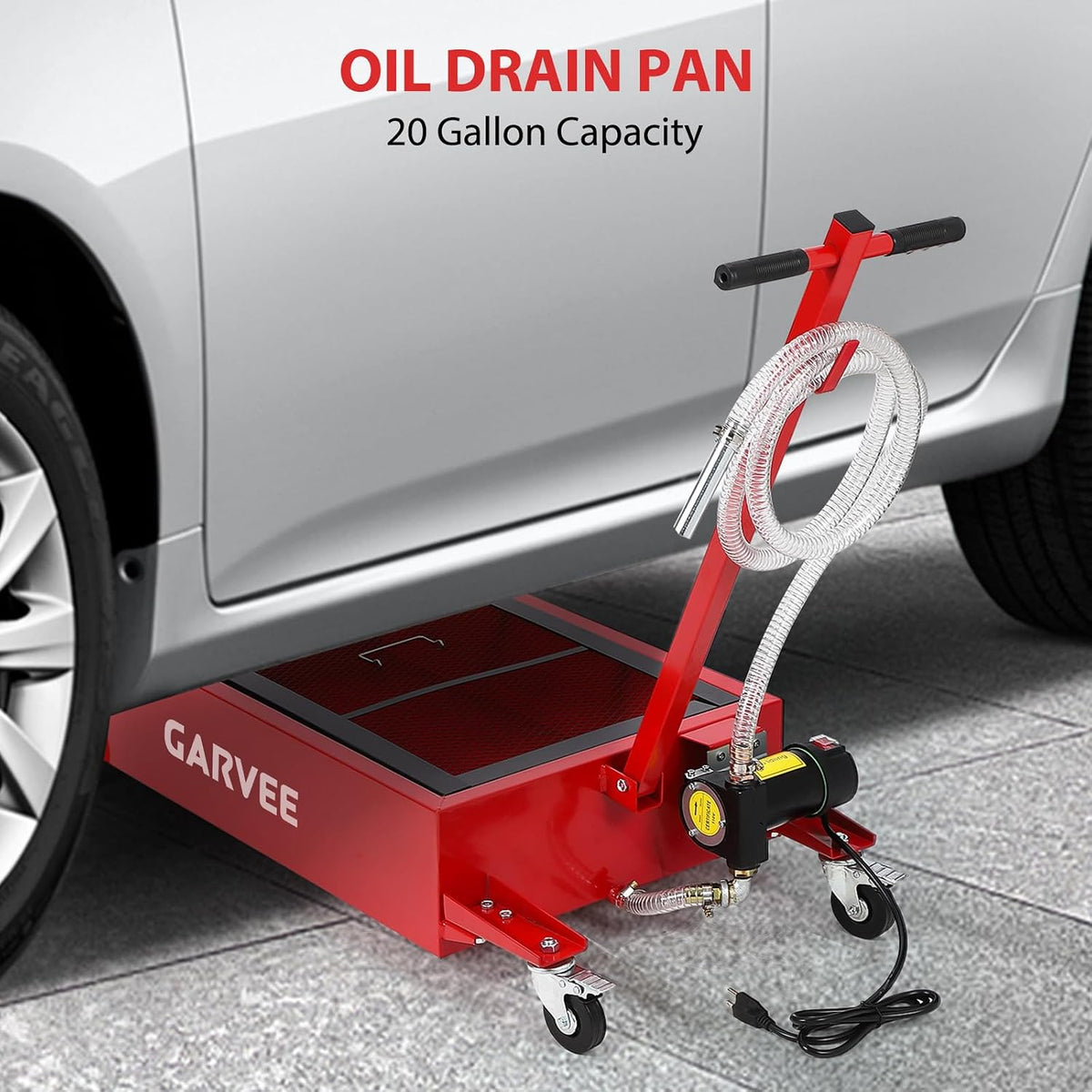 Garvee 20 gal Oil Drain Pan Oil Drain Tank, 76 L Low Profile Oil Drain Pan, Large Capacity Oil Change Pan with Manual Pump & T Foldable Hand and Wheels, 8 ft Hose Oil Drain Cart for Car, SUV, Trucks