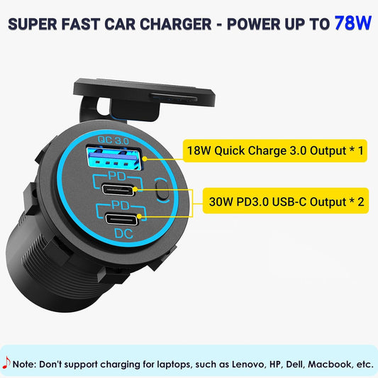 USB C Car Charger Socket 12V USB Outlet 2 Pack,78W RV USB Outlet Dual 30W PD USB-C and 18W QC3.0 Car USB Port with Button Switch Waterproof for Car RV Boat Marine Truck Motorcycle ect
