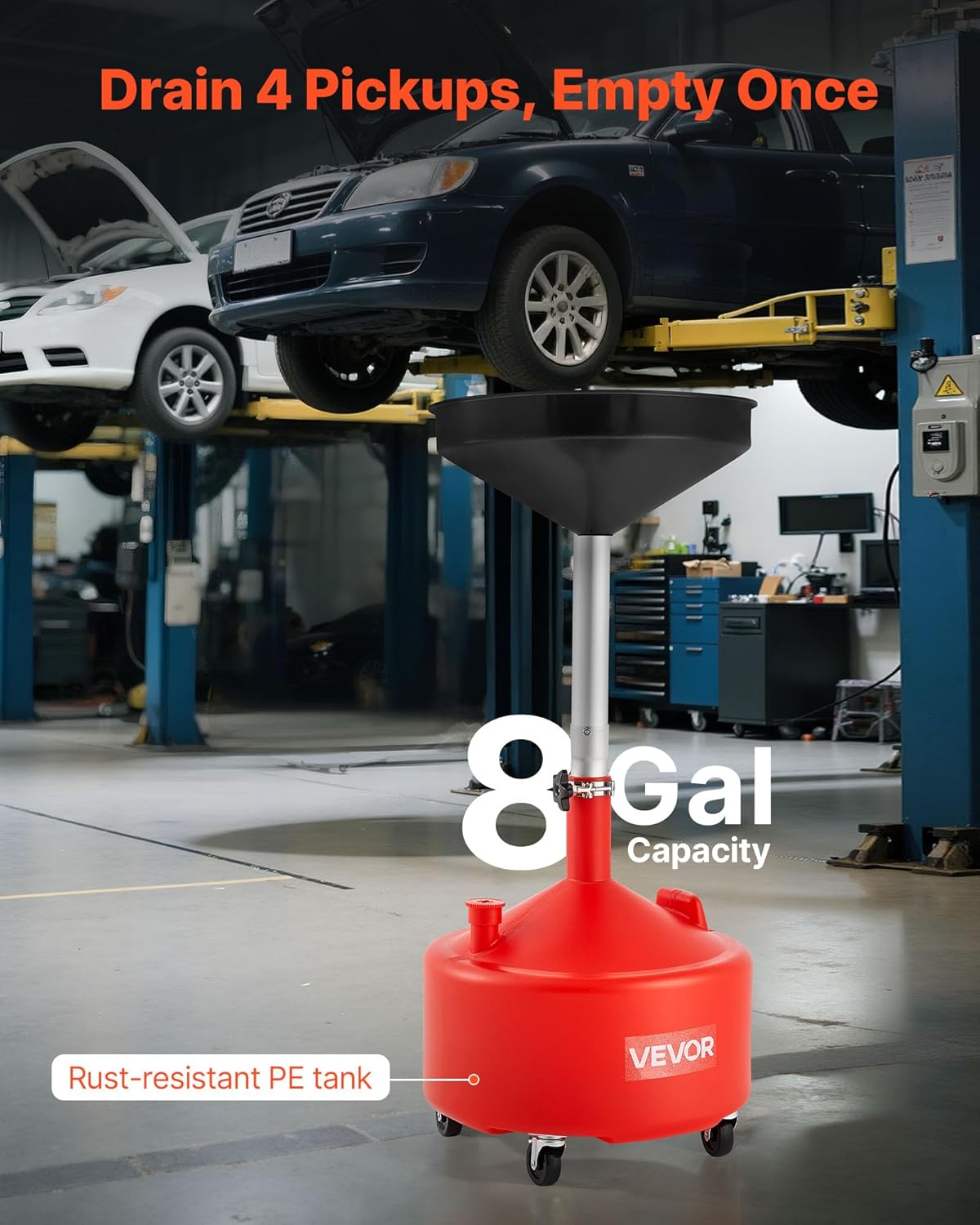 VEVOR Oil Drain Container, 20 Gallon Waste Oil Drain Tank, Portable Oil Lift Drain Pan Air Operated Drainer, Fluid Fuel Drainage Adjustable Funnel Height with Pressure Regulating Valve & Wheel