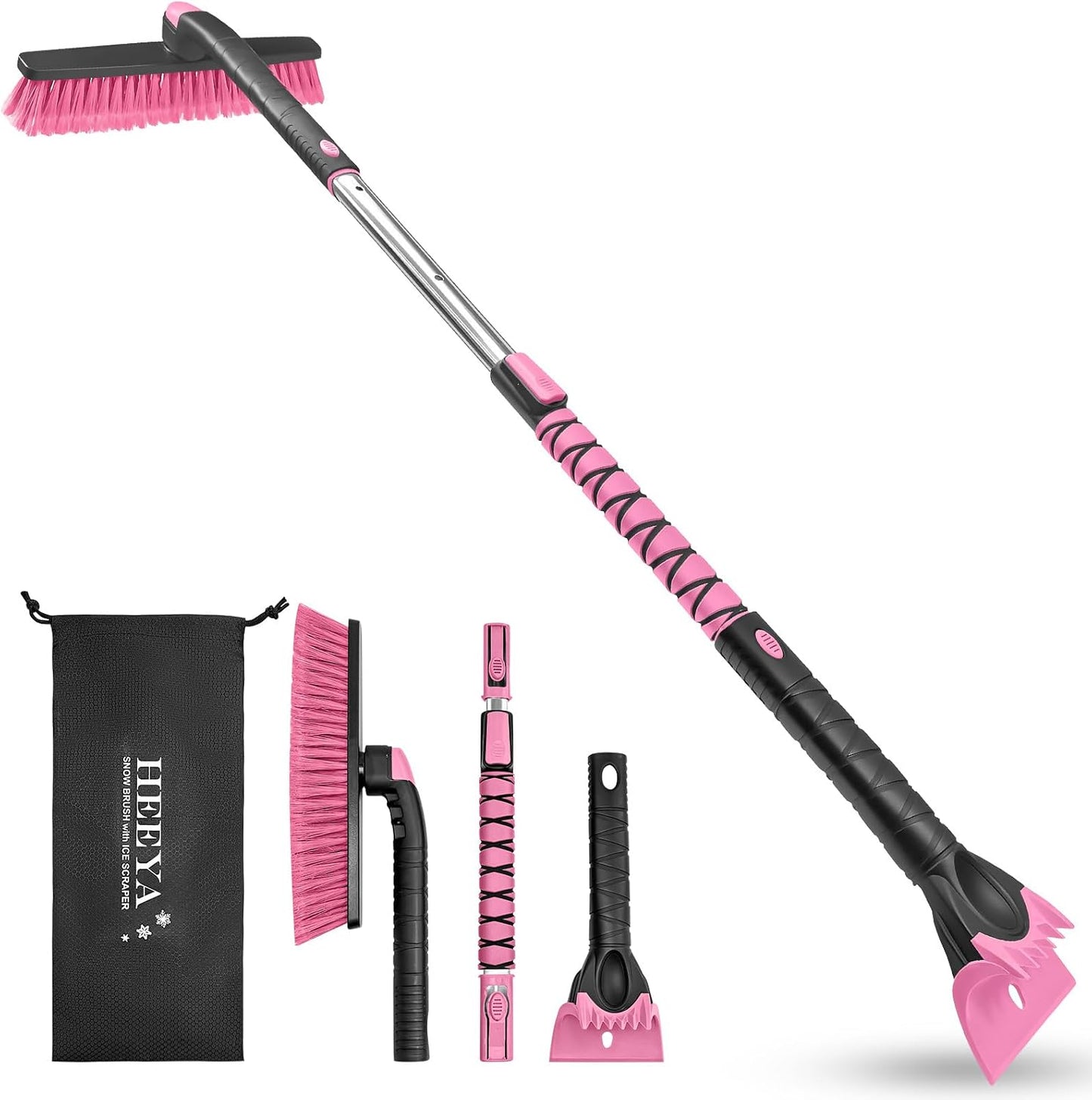 HEEYA 48 Inch Long Snow Brush for SUV, Extendable Ice Scraper and Brush with Foam Grip, 360° Pivoting Snow Car Brush for Truck Auto RV Vehicle Windshield Window - Pink