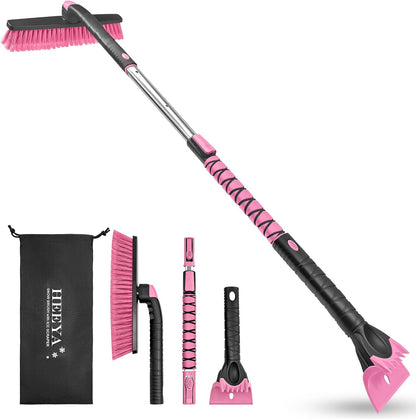 HEEYA 48 Inch Long Snow Brush for SUV, Extendable Ice Scraper and Brush with Foam Grip, 360° Pivoting Snow Car Brush for Truck Auto RV Vehicle Windshield Window - Pink
