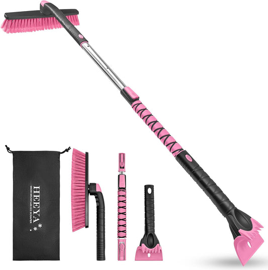 HEEYA 48 Inch Long Snow Brush for SUV, Extendable Ice Scraper and Brush with Foam Grip, 360° Pivoting Snow Car Brush for Truck Auto RV Vehicle Windshield Window - Pink