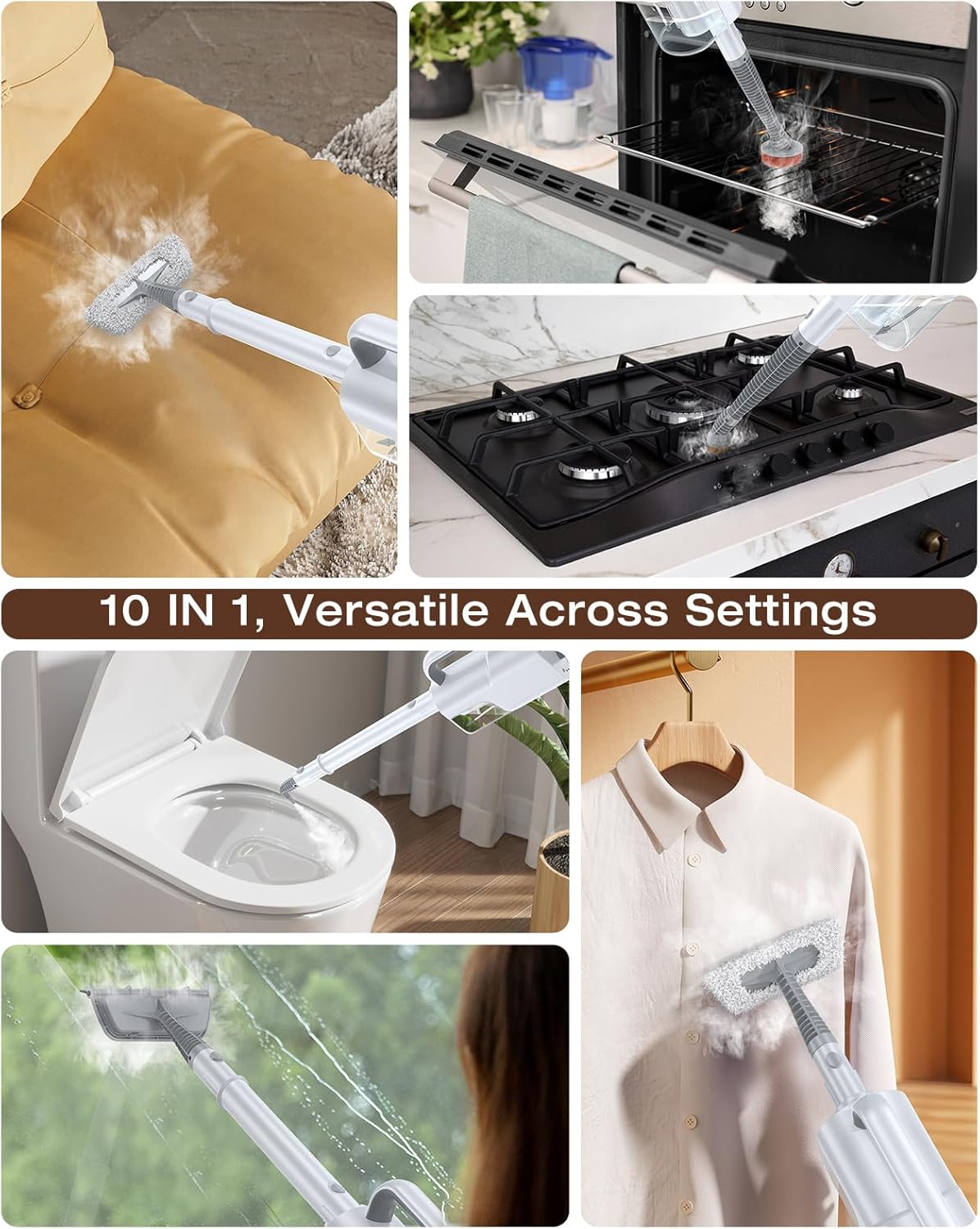 10-in-1 Steam Mop with Detachable Handheld Steamer,350ml Tank, 10s Heat-Up, 248°F Steam Cleaner, 2-Level Control and Swivel Head for Floor,Carpet,Tiles, BBQ grill,Car Accessories Clean White