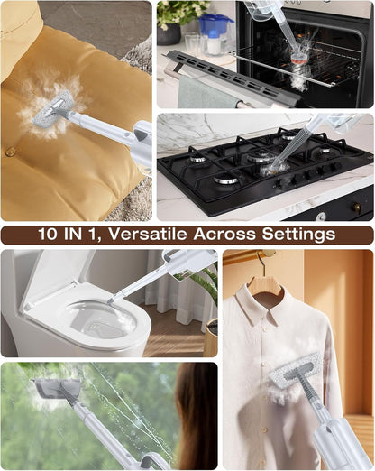 10-in-1 Steam Mop with Detachable Handheld Steamer,350ml Tank, 10s Heat-Up, 248°F Steam Cleaner, 2-Level Control and Swivel Head for Floor,Carpet,Tiles, BBQ grill,Car Accessories Clean White